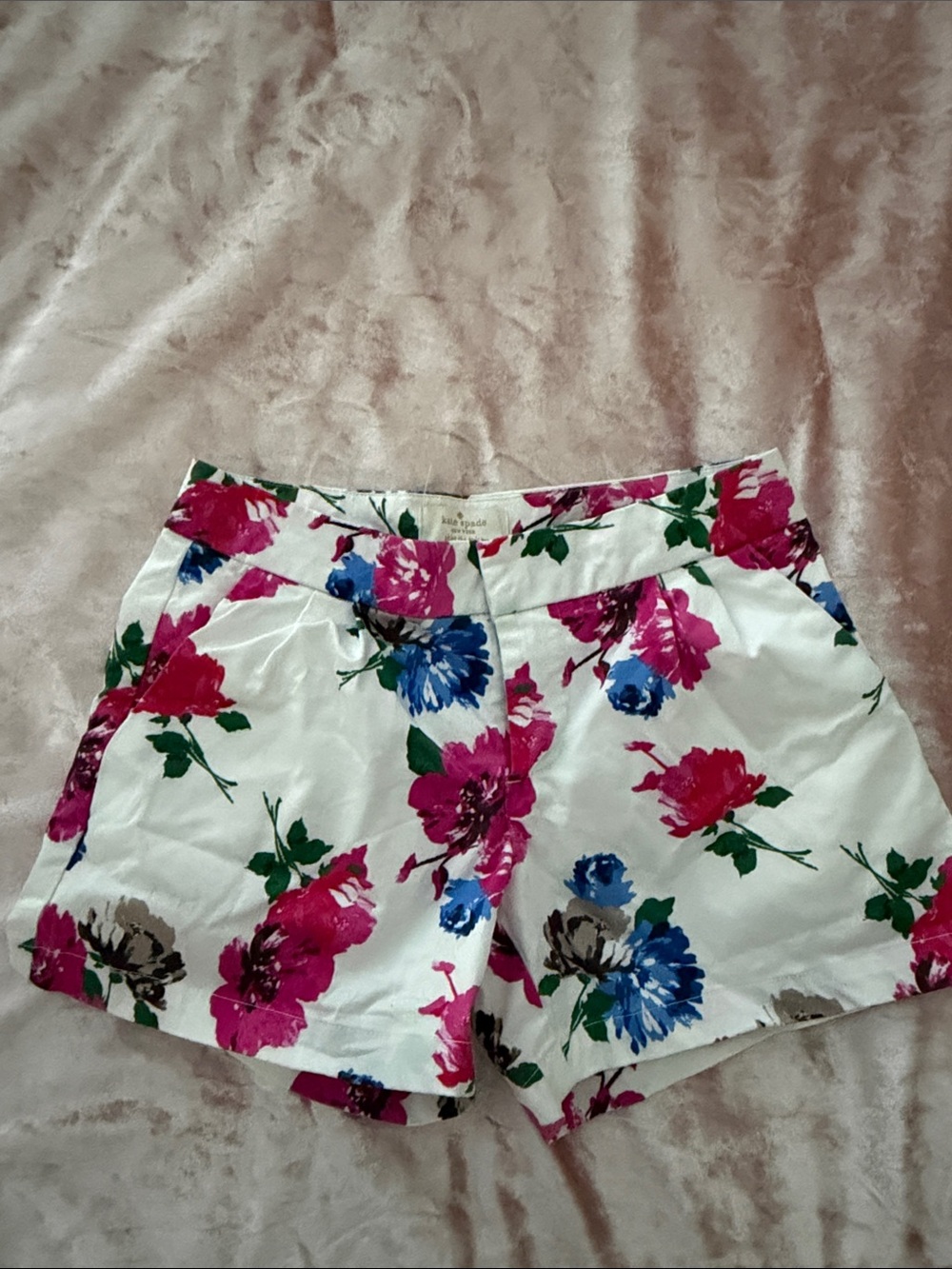 kate spade White Floral High-Waist Shorts with Pink & Blue Blooms